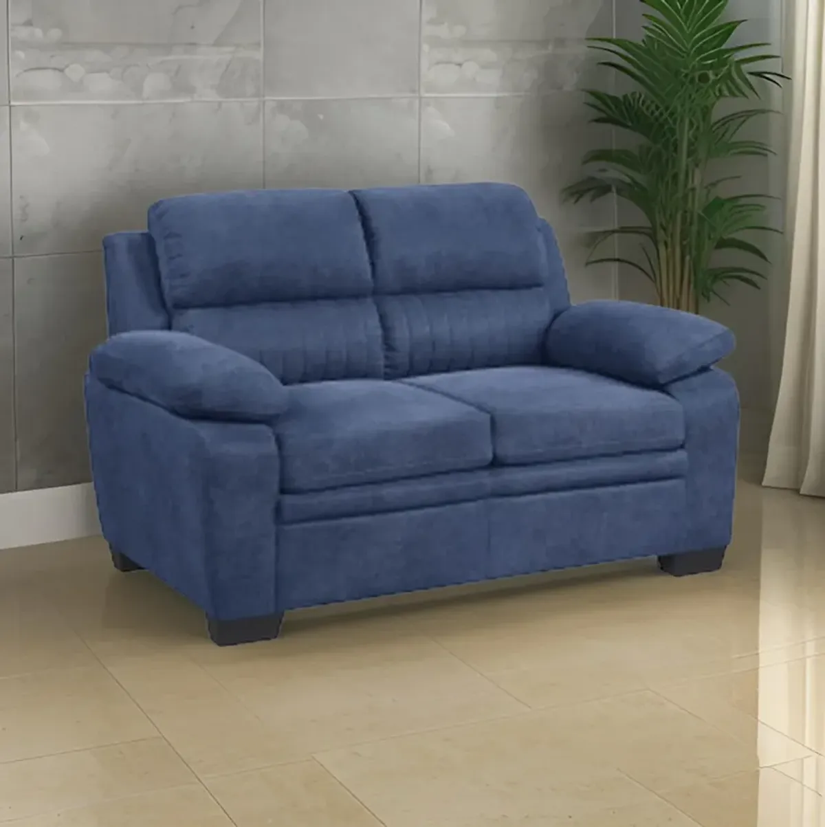 Hugh 58 Inch Loveseat, Blue Fabric, Pillow Armrests, Channel Tufted Back - Benzara