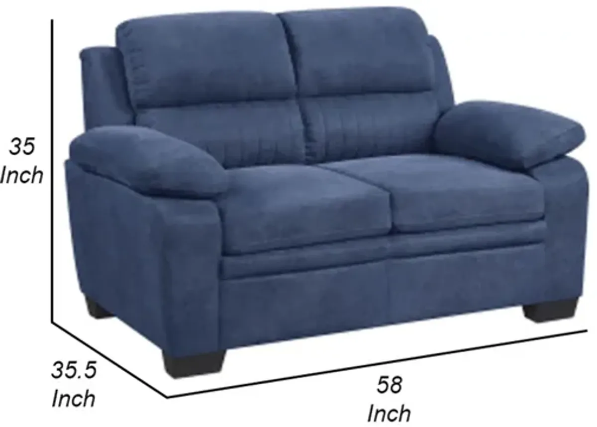 Hugh 58 Inch Loveseat, Blue Fabric, Pillow Armrests, Channel Tufted Back - Benzara