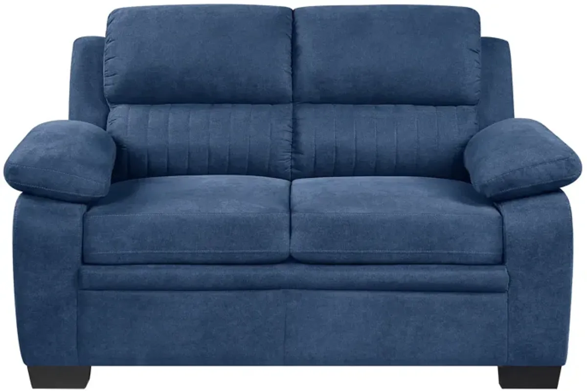 Hugh 58 Inch Loveseat, Blue Fabric, Pillow Armrests, Channel Tufted Back - Benzara