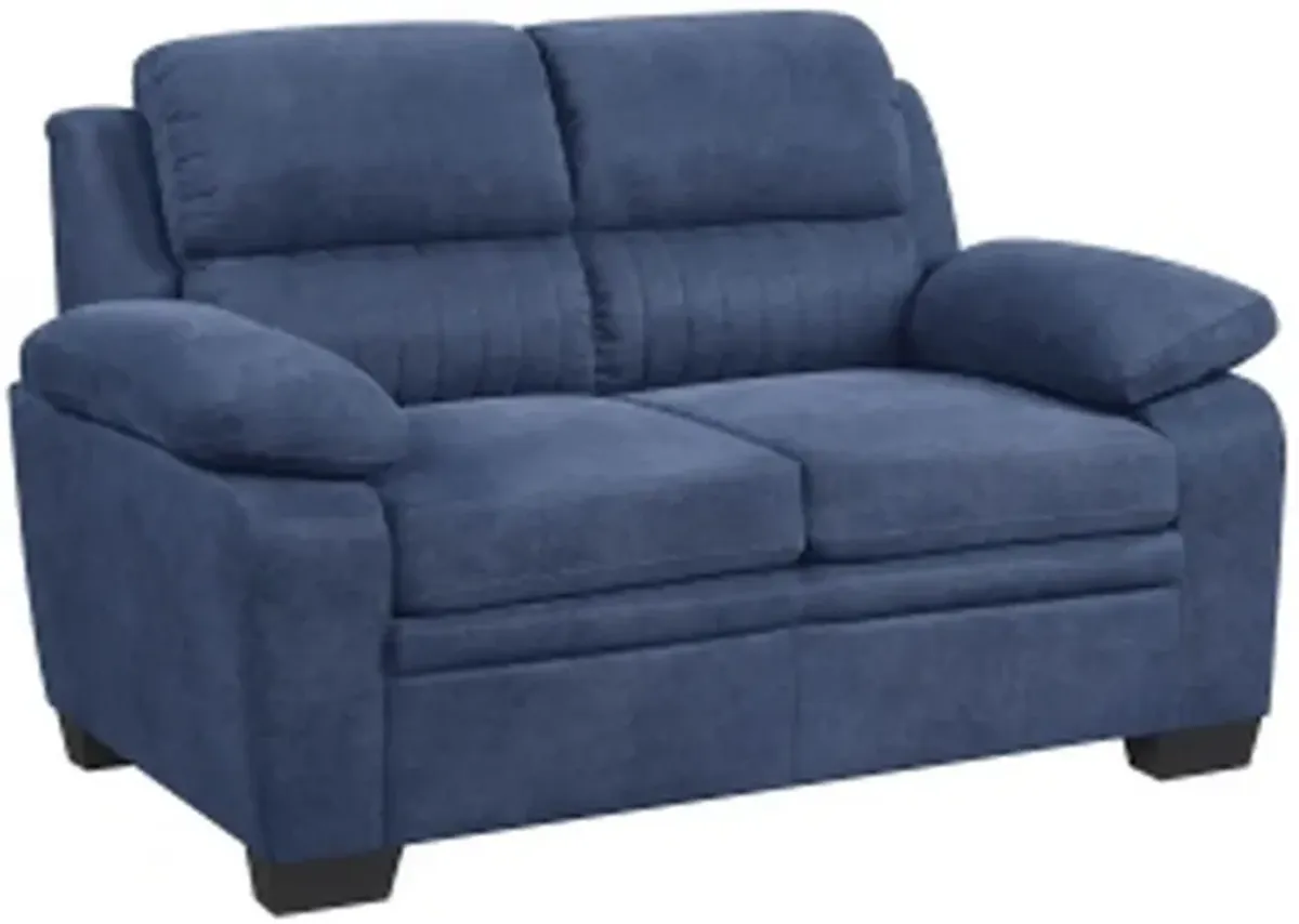 Hugh 58 Inch Loveseat, Blue Fabric, Pillow Armrests, Channel Tufted Back - Benzara