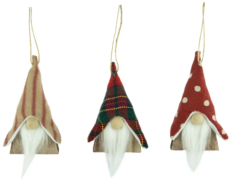 Set of 3 Wooden Gnomes Christmas Ornaments 4"