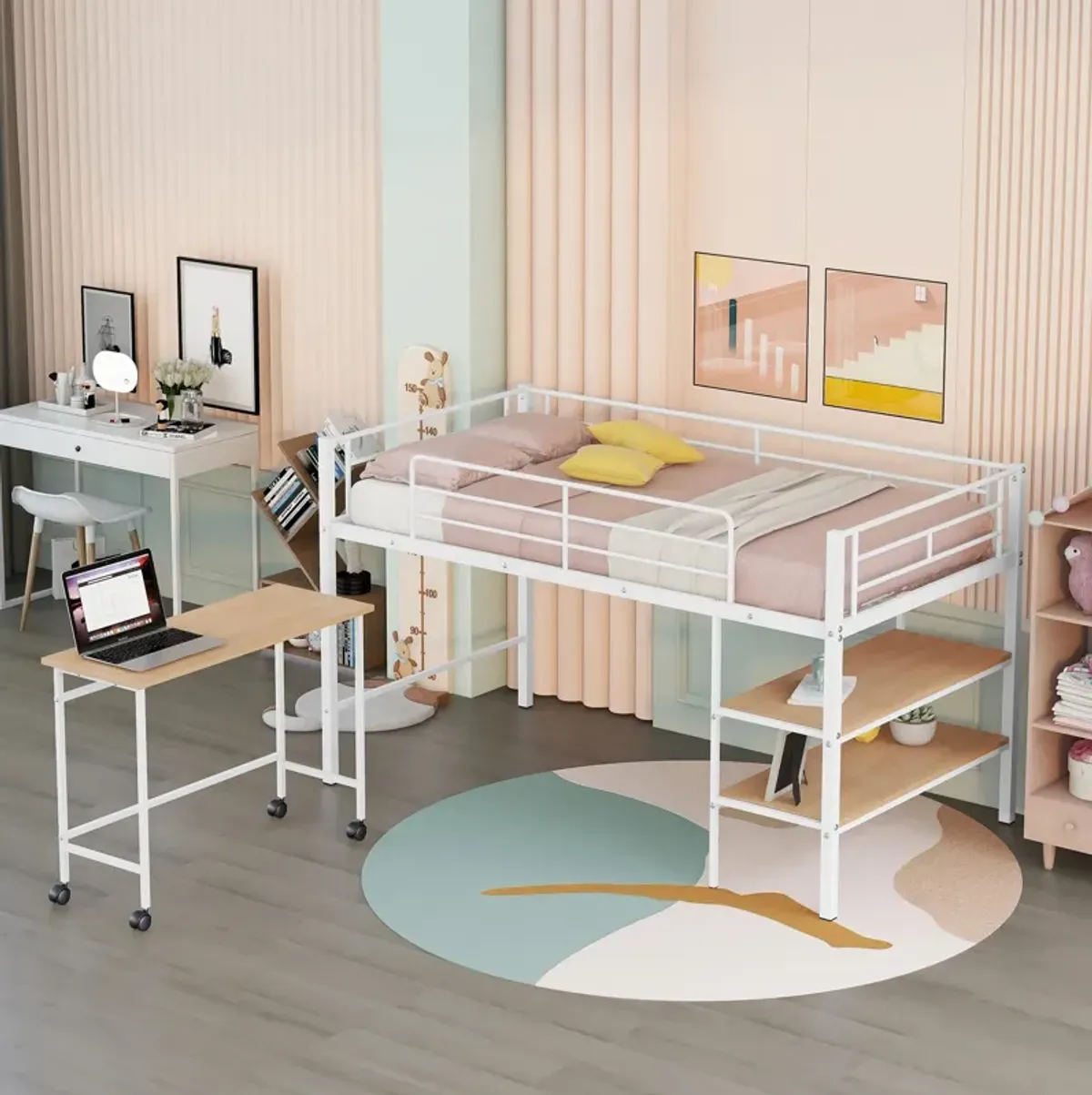 Merax Metal Loft Bed with Movable Desk and Shelves