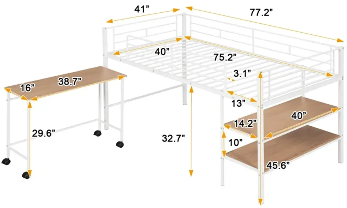 Merax Metal Loft Bed with Movable Desk and Shelves