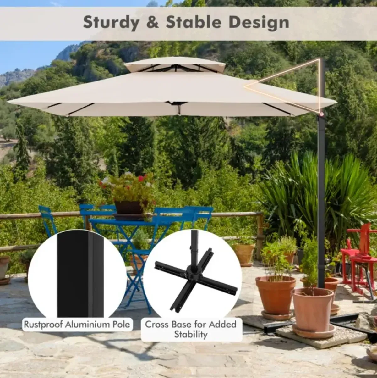 Hivvago 9.5 Feet Cantilever Patio Umbrella with 360° Rotation and Double Top