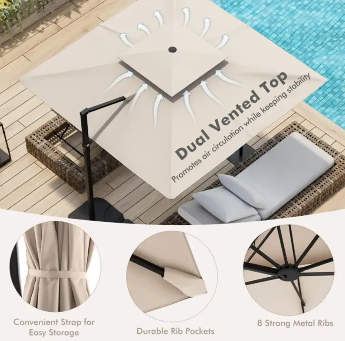 Hivvago 9.5 Feet Cantilever Patio Umbrella with 360° Rotation and Double Top