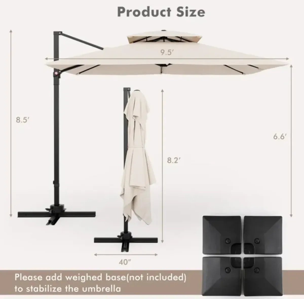 Hivvago 9.5 Feet Cantilever Patio Umbrella with 360° Rotation and Double Top