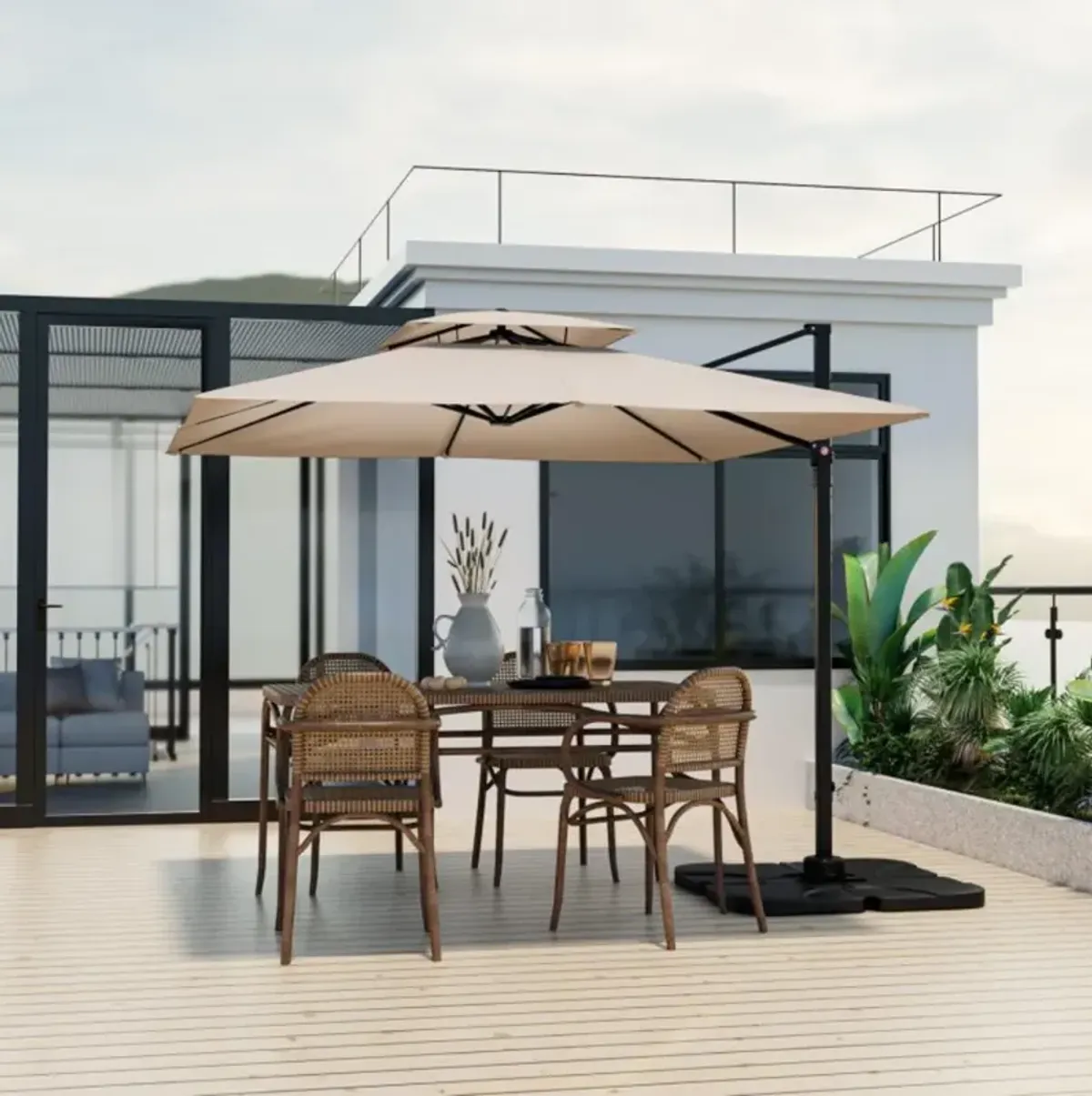 Hivvago 9.5 Feet Cantilever Patio Umbrella with 360° Rotation and Double Top