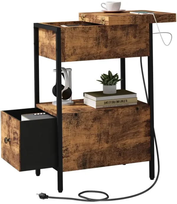 SOOWERY End Table with Charging Station, Narrow Side Table with Flip Top Cabinet and Fabric Drawer, Nightstand Bedside Tables fo