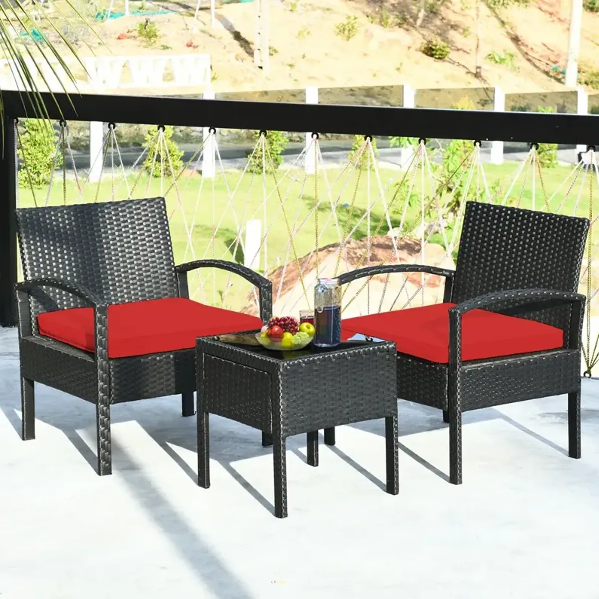 3 Pieces Outdoor Rattan Patio Conversation Set with Seat Cushions