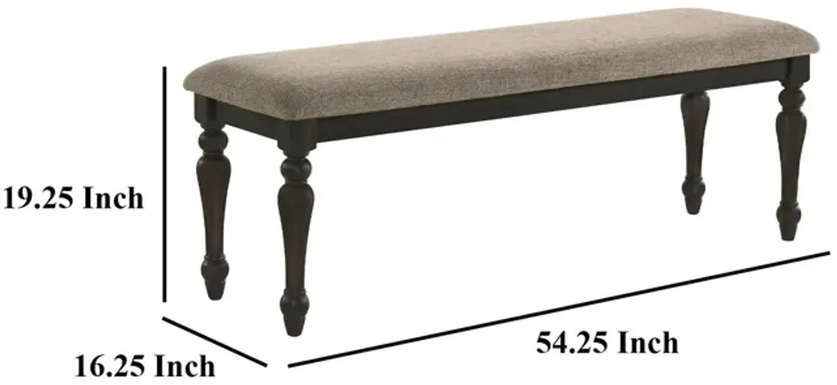 Brad Dining Bench, Turned Legs, Charcoal Gray Wood, Brown, 54 Inch - Benzara