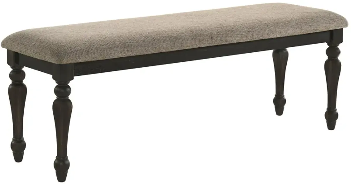 Brad Dining Bench, Turned Legs, Charcoal Gray Wood, Brown, 54 Inch - Benzara