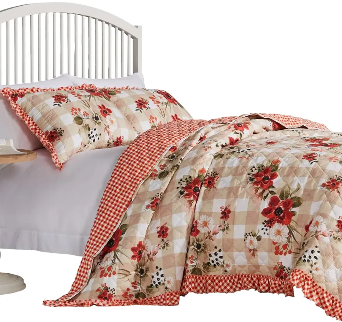 Lire 3pc Full to Queen Quilt and Pillow Sham Set, Windflowers Red, White