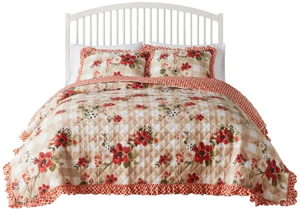 Lire 3pc Full to Queen Quilt and Pillow Sham Set, Windflowers Red, White