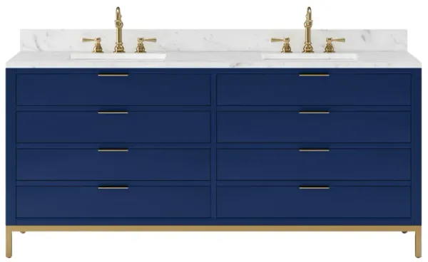 Bristol 72 In. Double Sink Carrara White Marble Countertop Bath Vanity in Monarch Blue