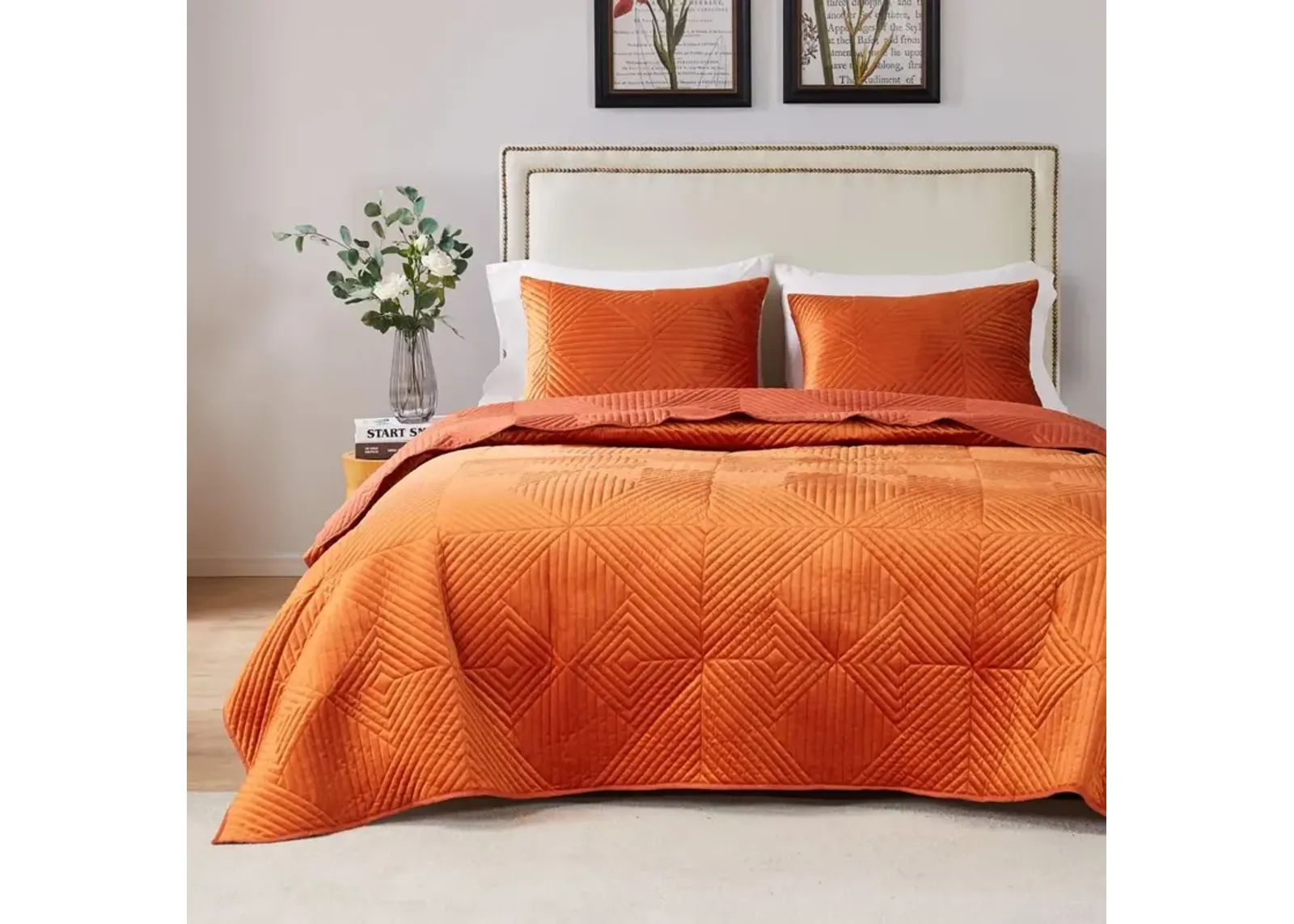 Barefoot Bungalow Riviera Velvet Quilt and Pillow Sham Set - 3 Piece - Full/Queen 90x90", Spice