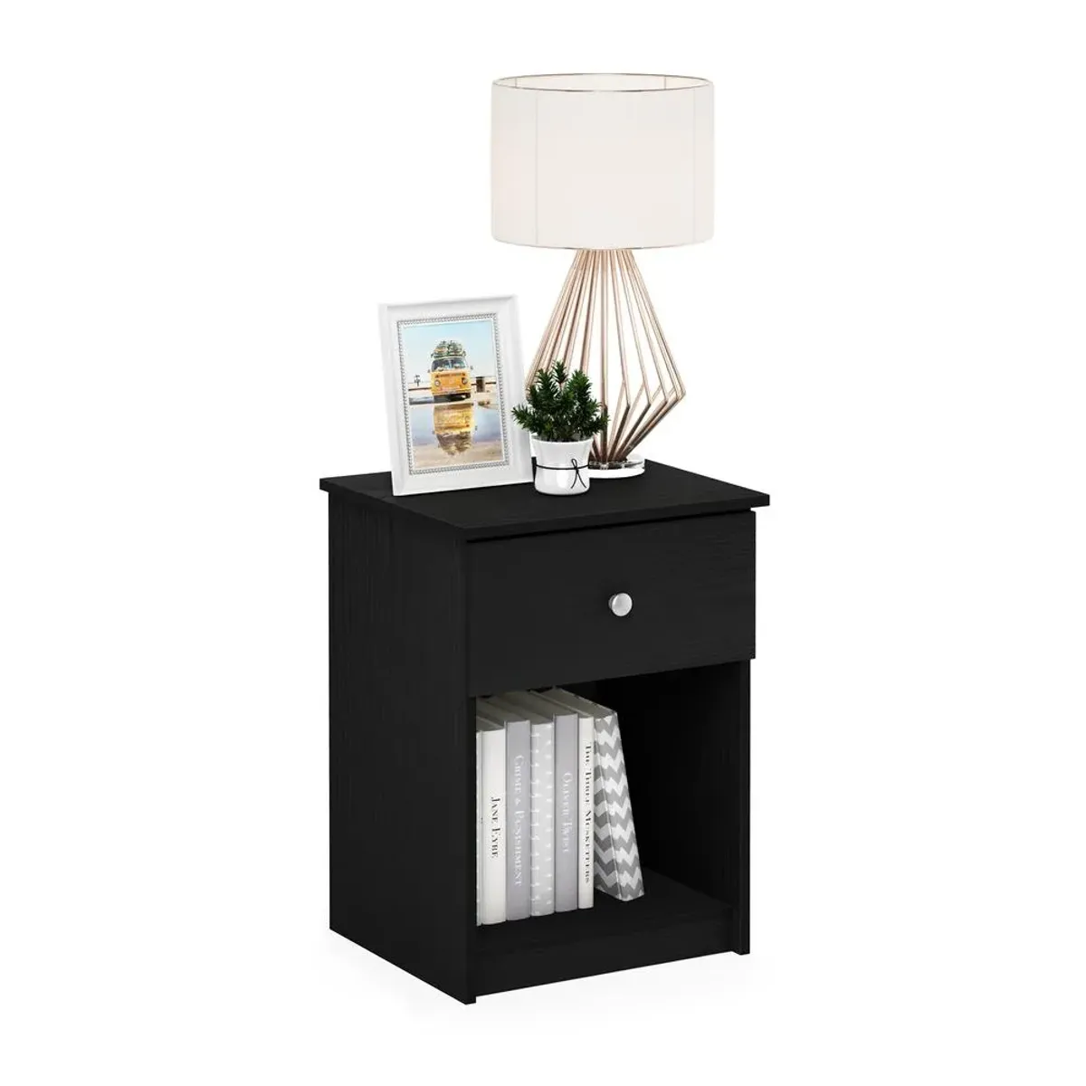 Furinno Lucca Nightstand with One Drawer, Black Oak