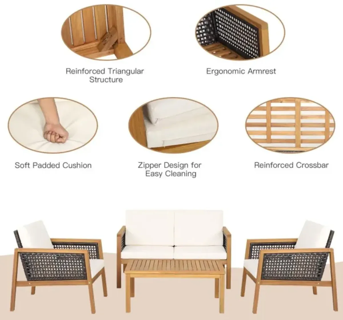 Hivvago 4 Pieces Patio Rattan Furniture Set with Removable Cushions