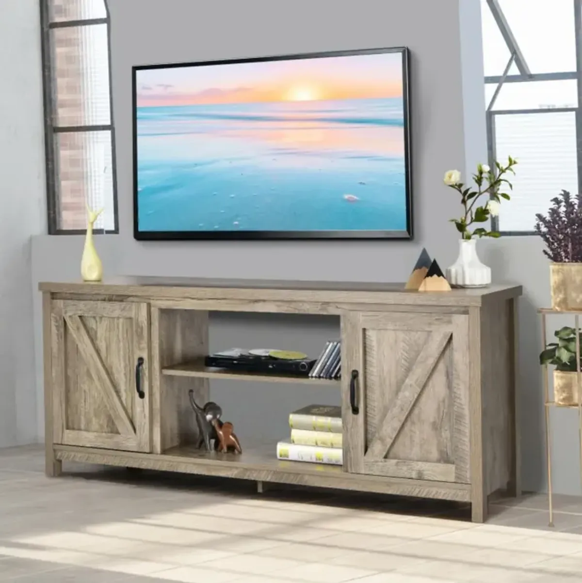 Hivvago 59 Inches TV Stand Media Console Center with Storage Cabinet-Natural