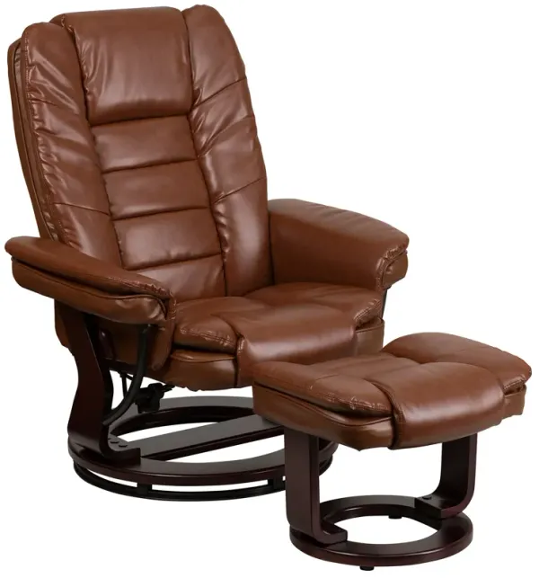 Flash Furniture Bali Contemporary Multi-Position Recliner with Horizontal Stitching and Ottoman with Swivel Mahogany Wood Base in Brown Vintage Leather