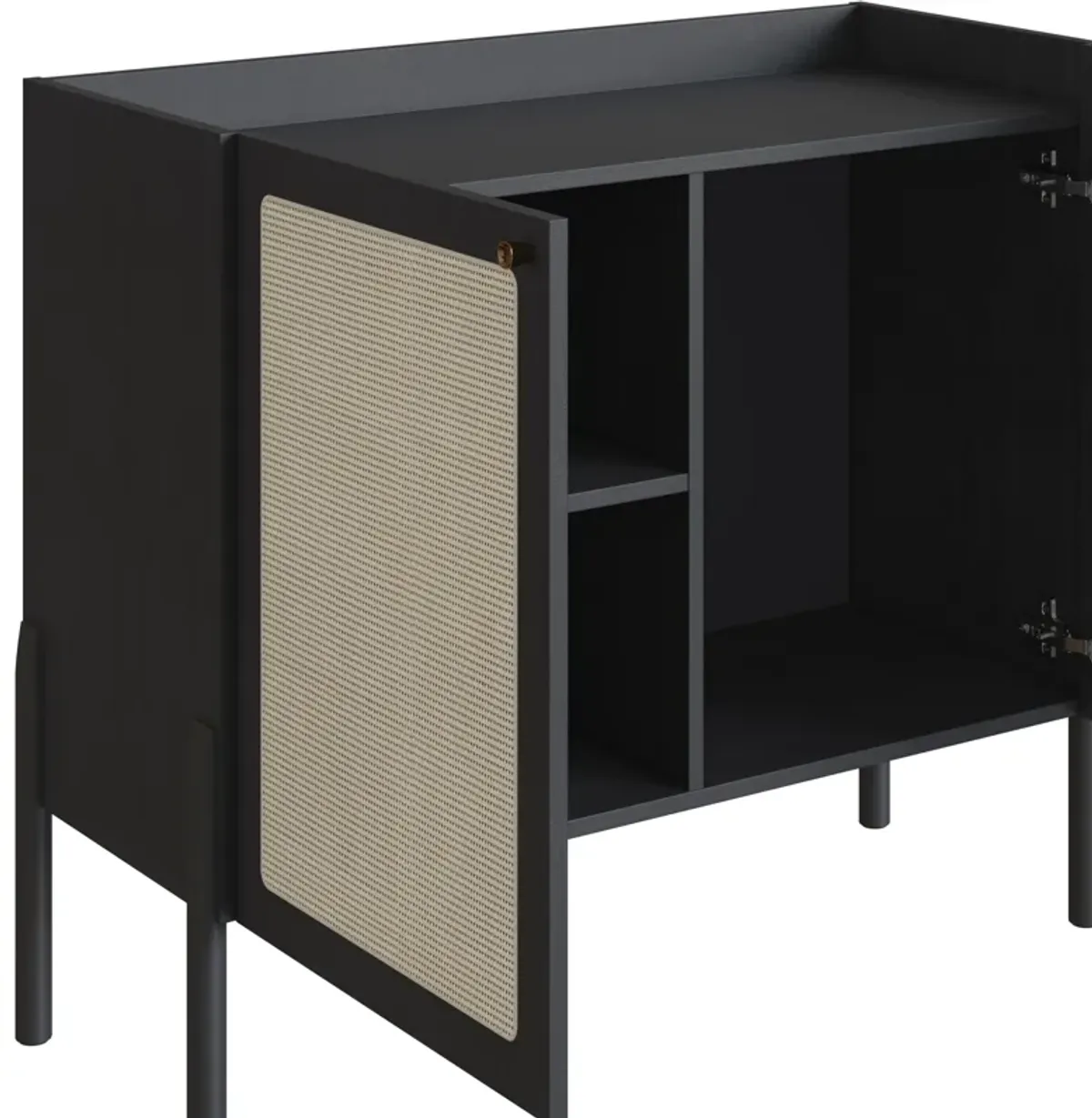 Boho Bar Cabinet   Wood Leg 2 Rattan Accent  Door Sideboard  -Nero Black