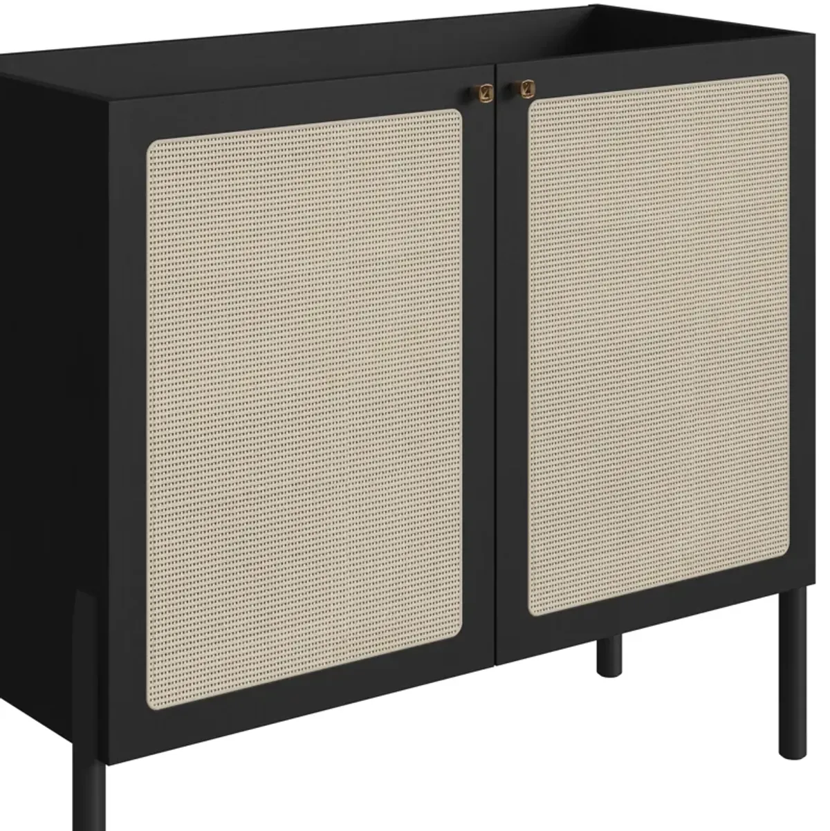 Boho Bar Cabinet   Wood Leg 2 Rattan Accent  Door Sideboard  -Nero Black