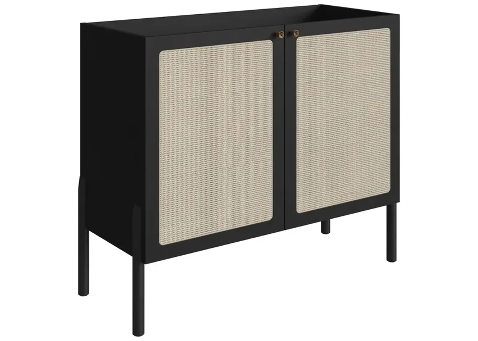 Boho Bar Cabinet   Wood Leg 2 Rattan Accent  Door Sideboard  -Nero Black