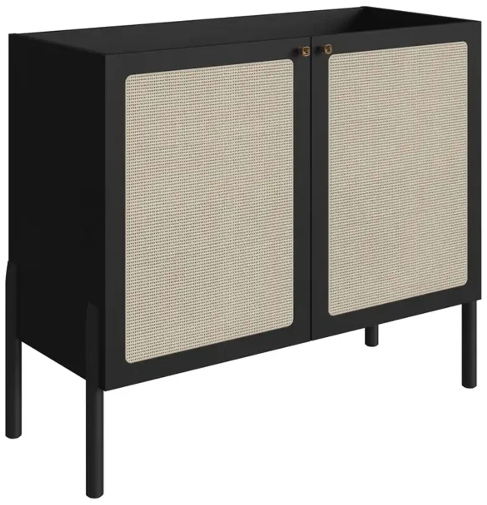 Boho Bar Cabinet   Wood Leg 2 Rattan Accent  Door Sideboard  -Nero Black