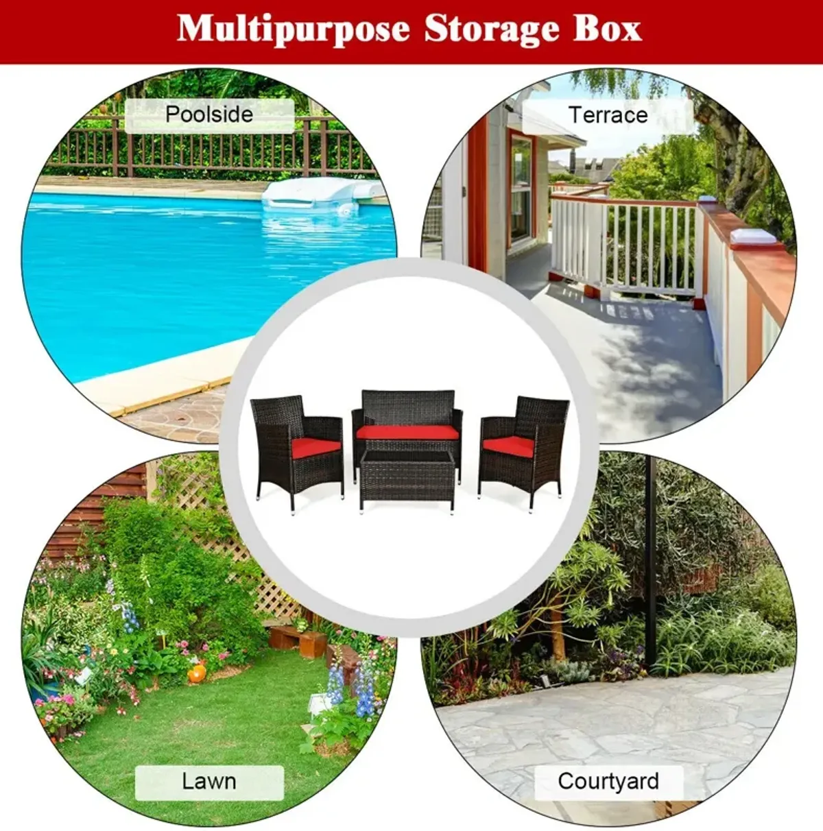 4 Pieces Comfortable Outdoor Rattan Sofa Set with Glass Coffee Table