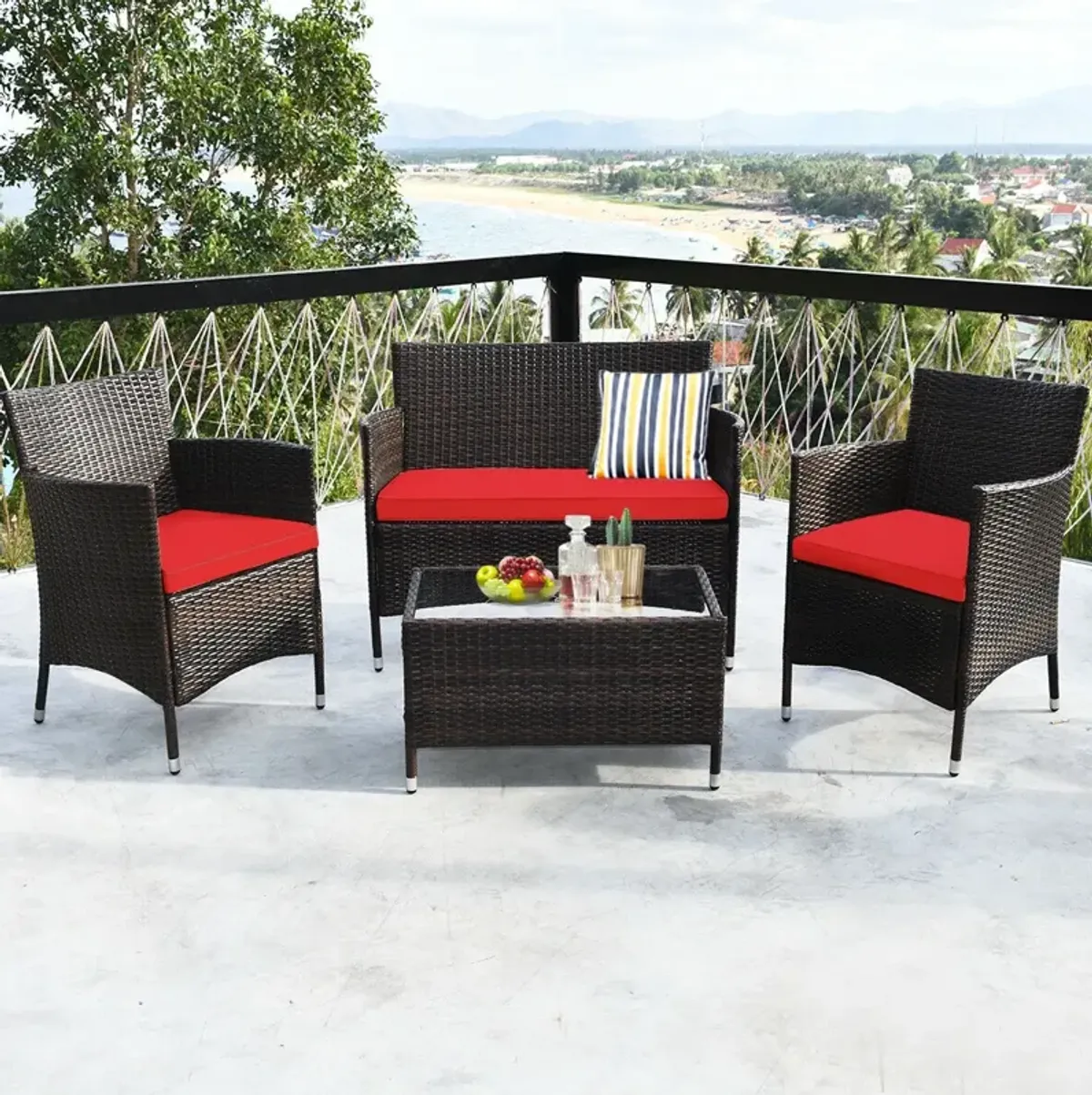 4 Pieces Comfortable Outdoor Rattan Sofa Set with Glass Coffee Table