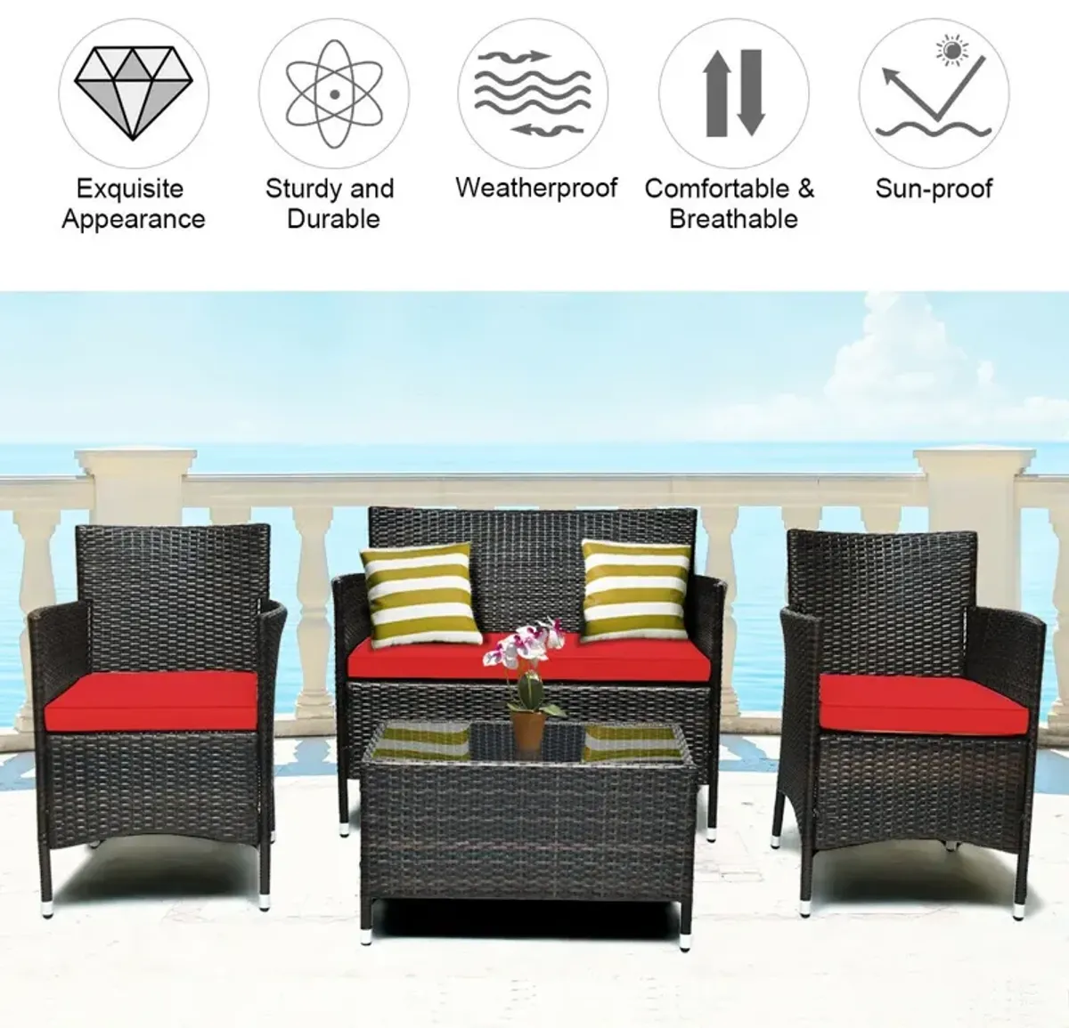 4 Pieces Comfortable Outdoor Rattan Sofa Set with Glass Coffee Table