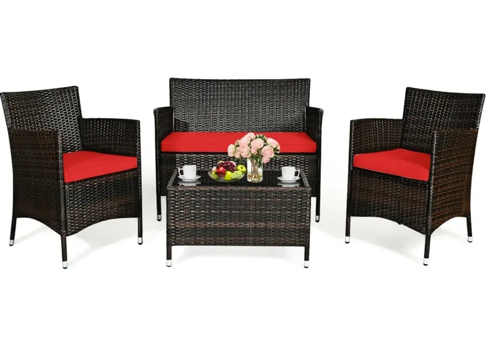 4 Pieces Comfortable Outdoor Rattan Sofa Set with Glass Coffee Table