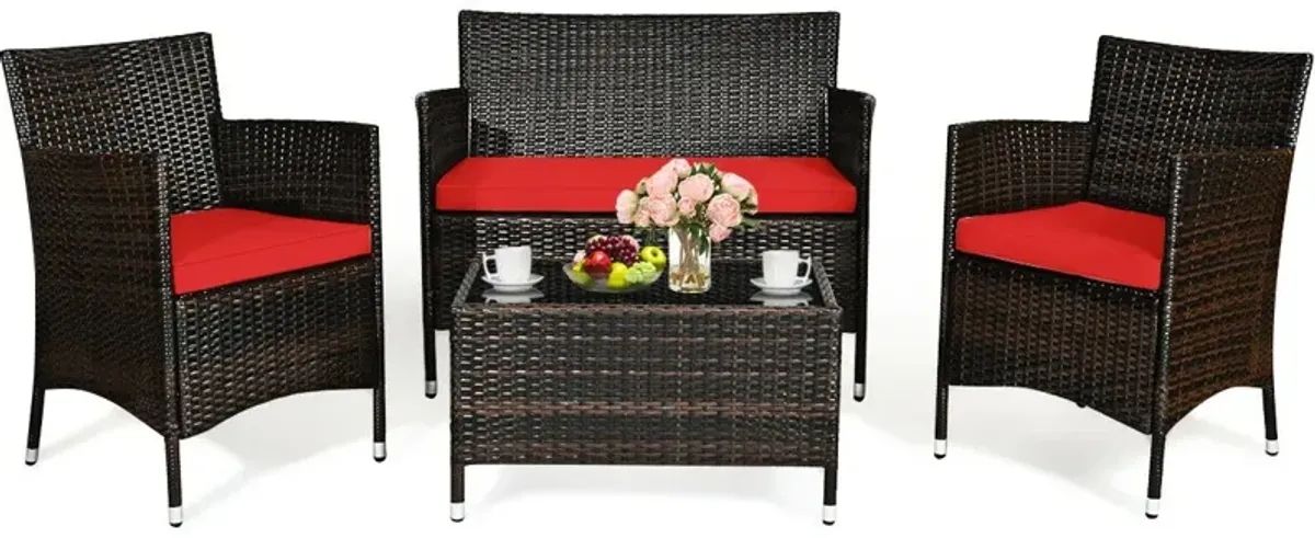 4 Pieces Comfortable Outdoor Rattan Sofa Set with Glass Coffee Table