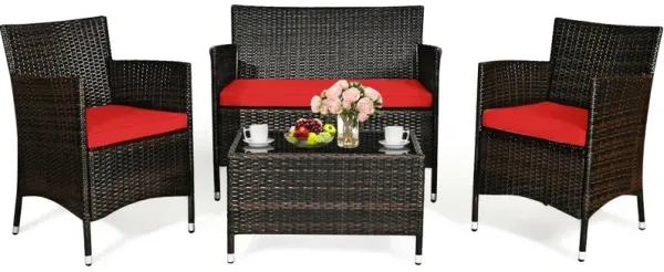 4 Pieces Comfortable Outdoor Rattan Sofa Set with Glass Coffee Table