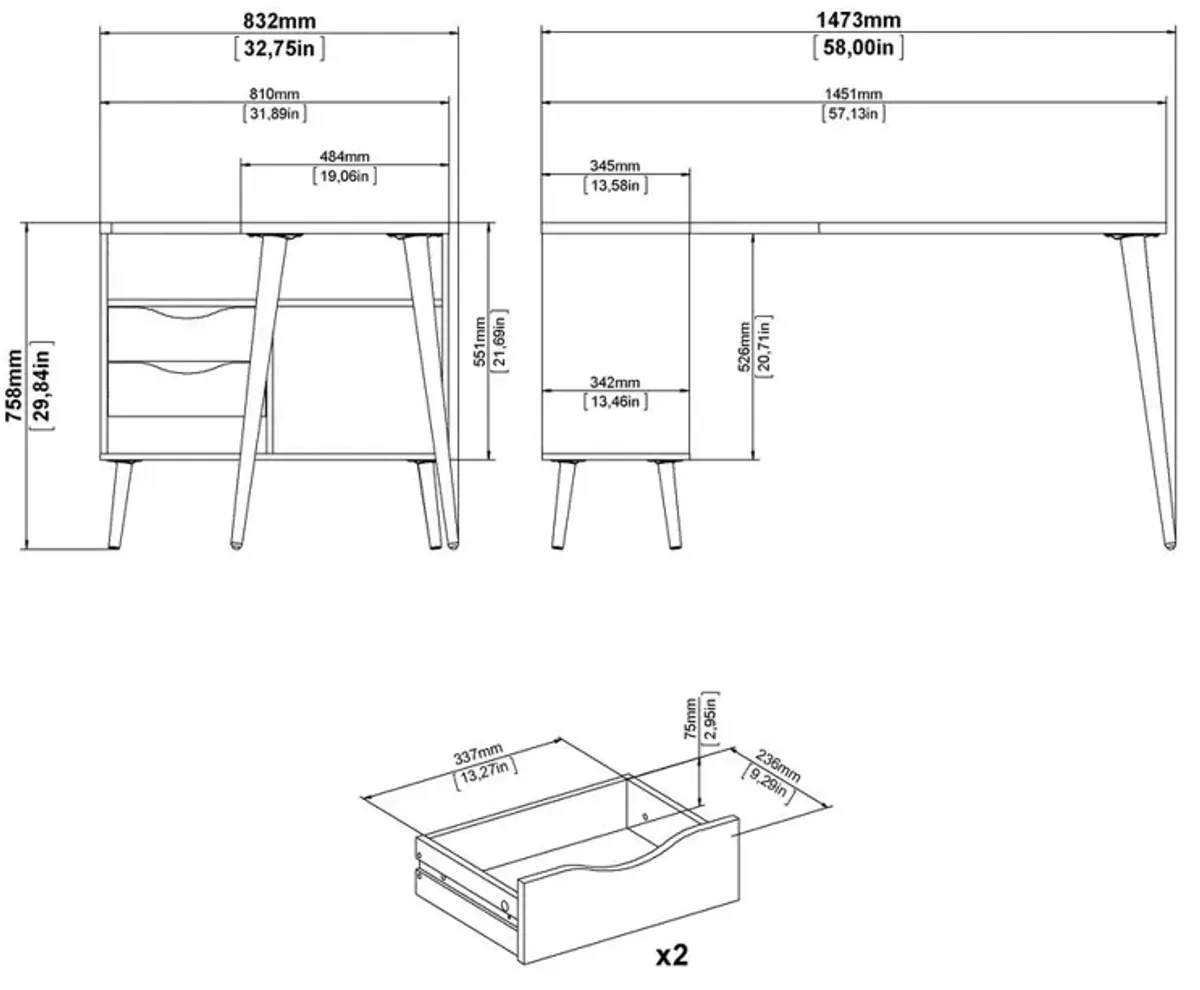 Tvilum Diana 2 Drawer, 3 Shelf Desk, Black Matte/Oak Structure