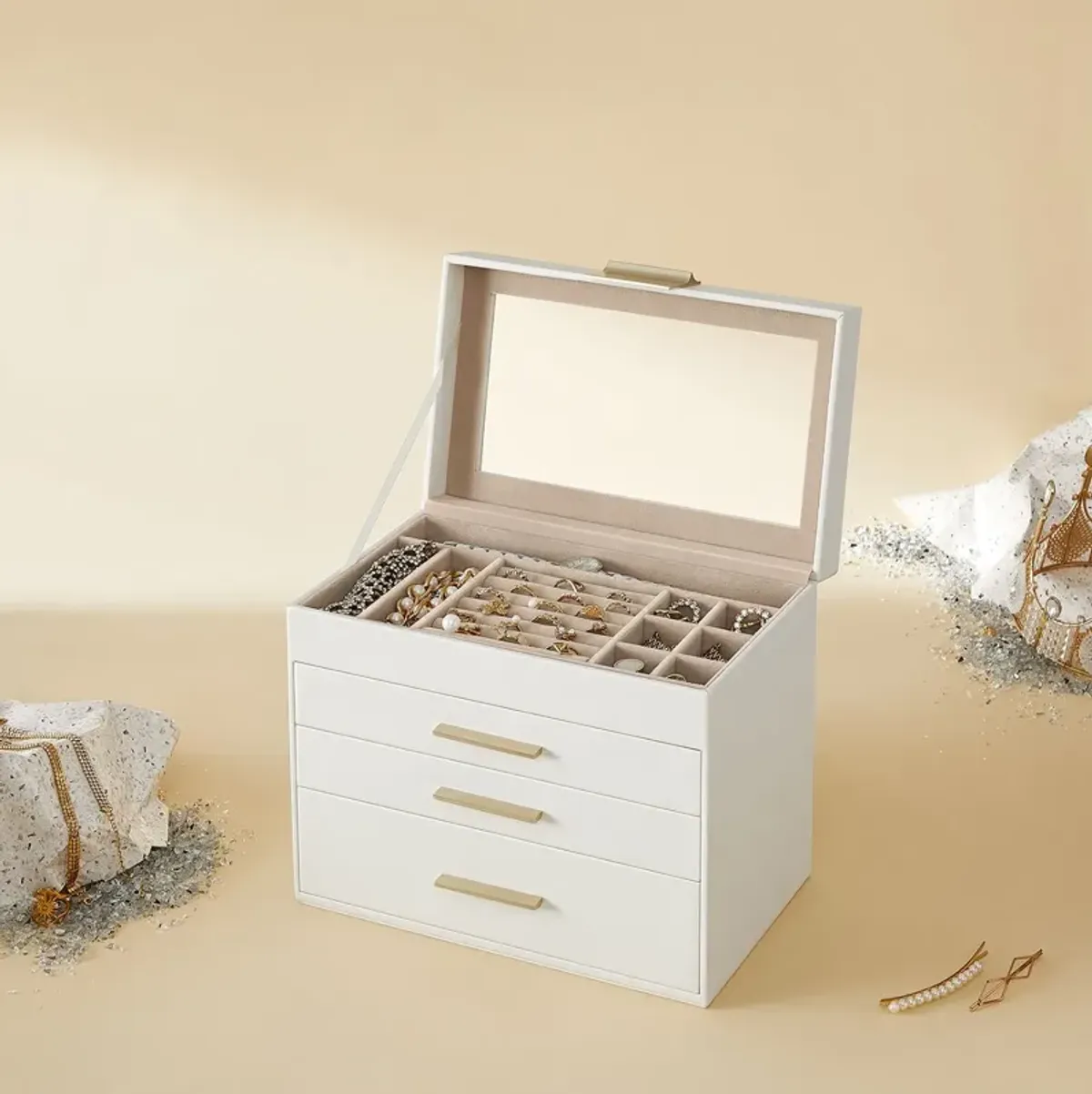 4-Layer Jewelry Box with Glass Lid and 3 Drawers - Modern Organizer for Sunglasses and Big Jewelry