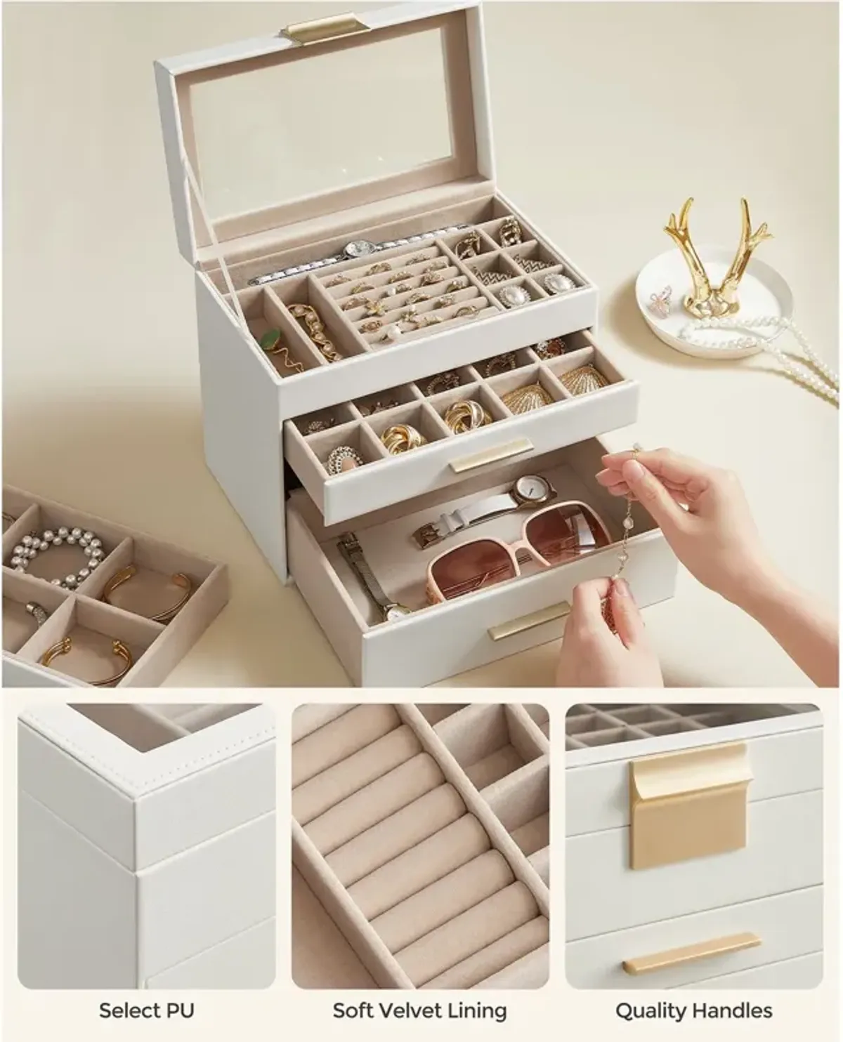 4-Layer Jewelry Box with Glass Lid and 3 Drawers - Modern Organizer for Sunglasses and Big Jewelry