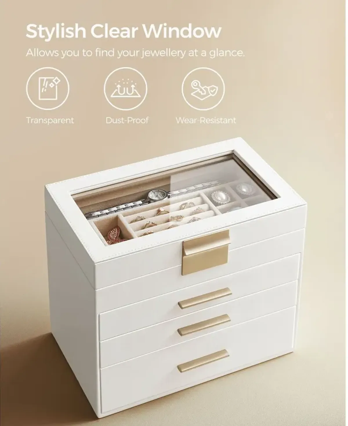 4-Layer Jewelry Box with Glass Lid and 3 Drawers - Modern Organizer for Sunglasses and Big Jewelry