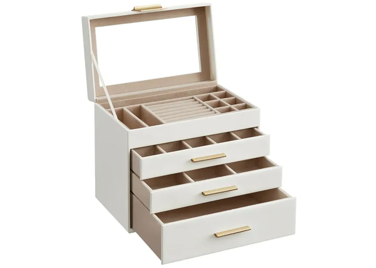 4-Layer Jewelry Box with Glass Lid and 3 Drawers - Modern Organizer for Sunglasses and Big Jewelry