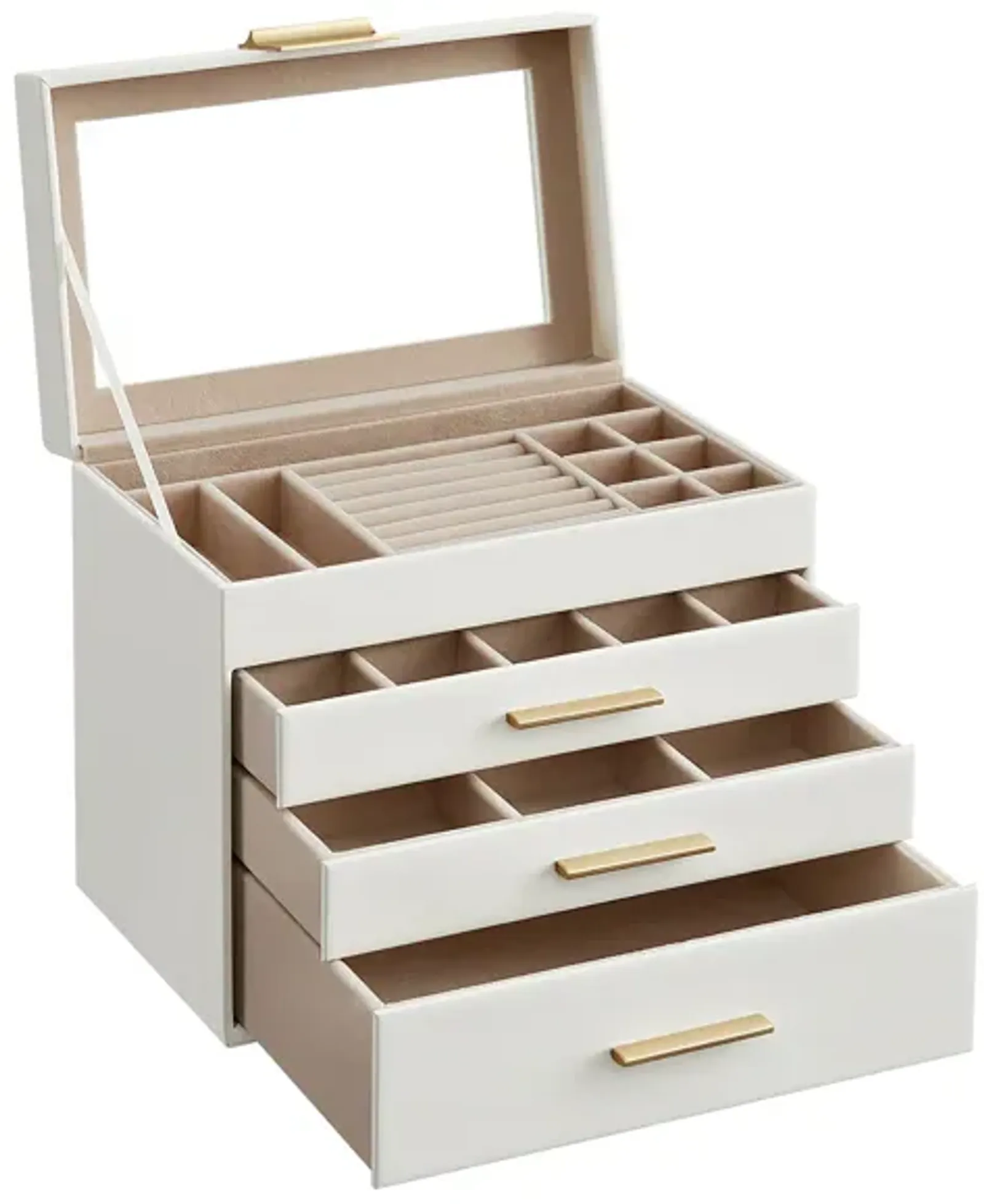 4-Layer Jewelry Box with Glass Lid and 3 Drawers - Modern Organizer for Sunglasses and Big Jewelry