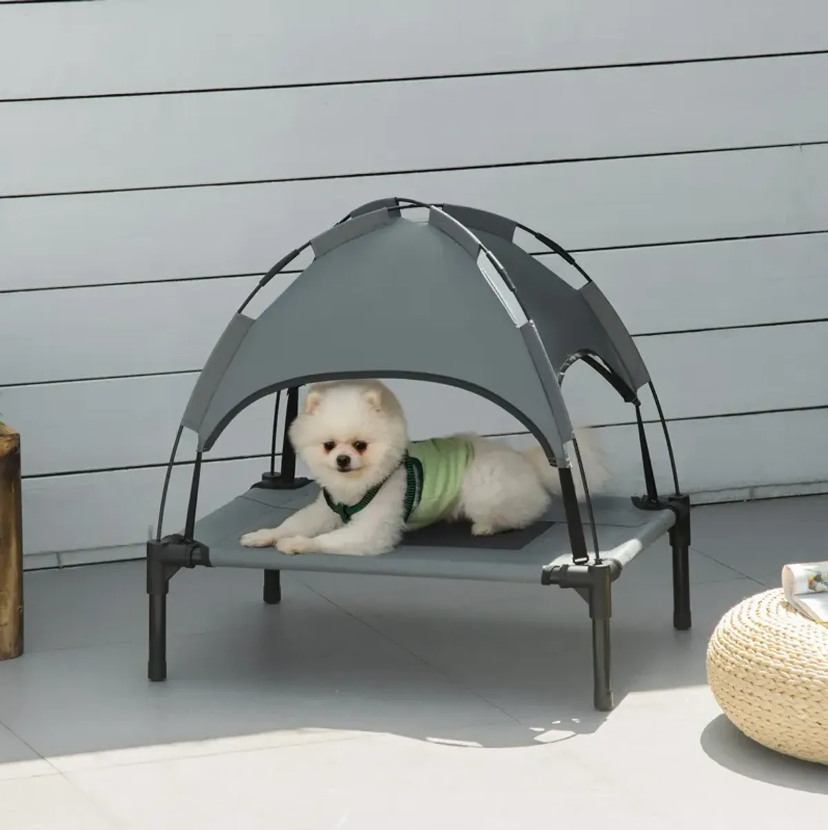 Petite Pup Retreat: 24" Grey/Black Elevated Dog Cot with UV Canopy