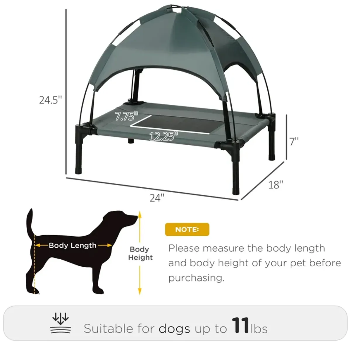 Petite Pup Retreat: 24" Grey/Black Elevated Dog Cot with UV Canopy