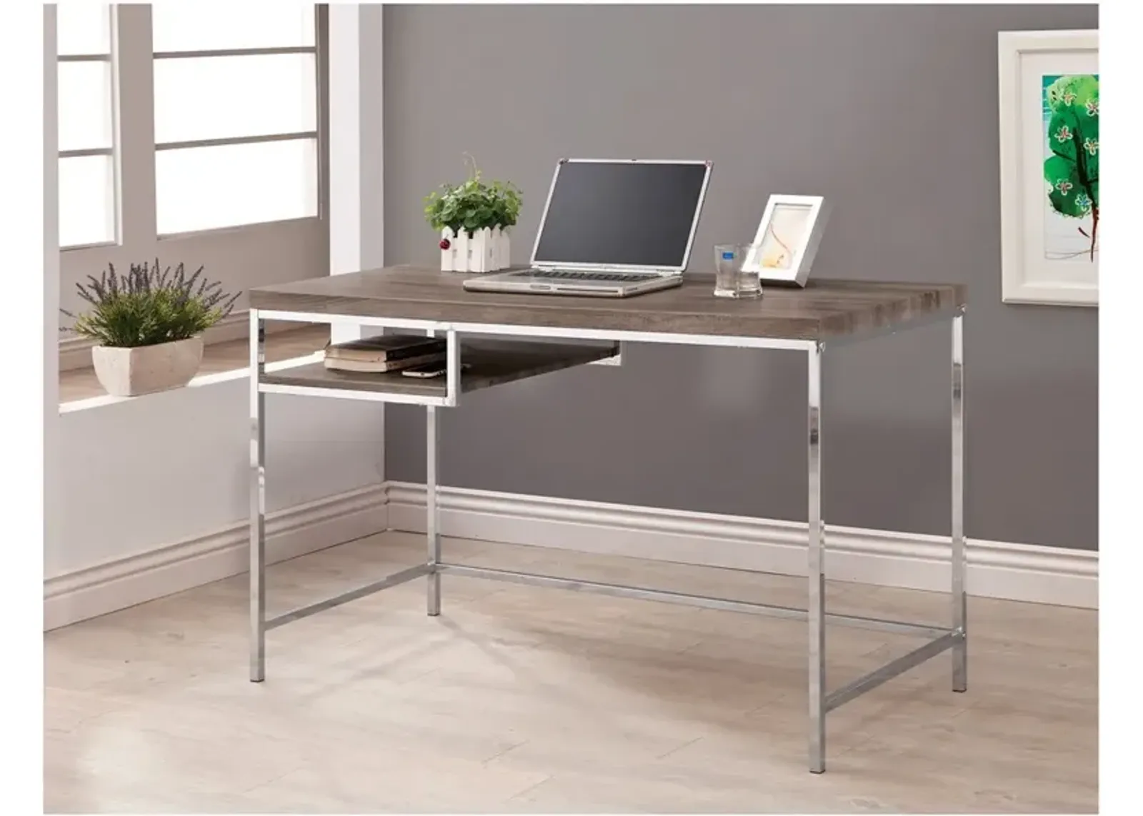 Sleek And Elegant Writing Desk With Shelf, Gray - Benzara