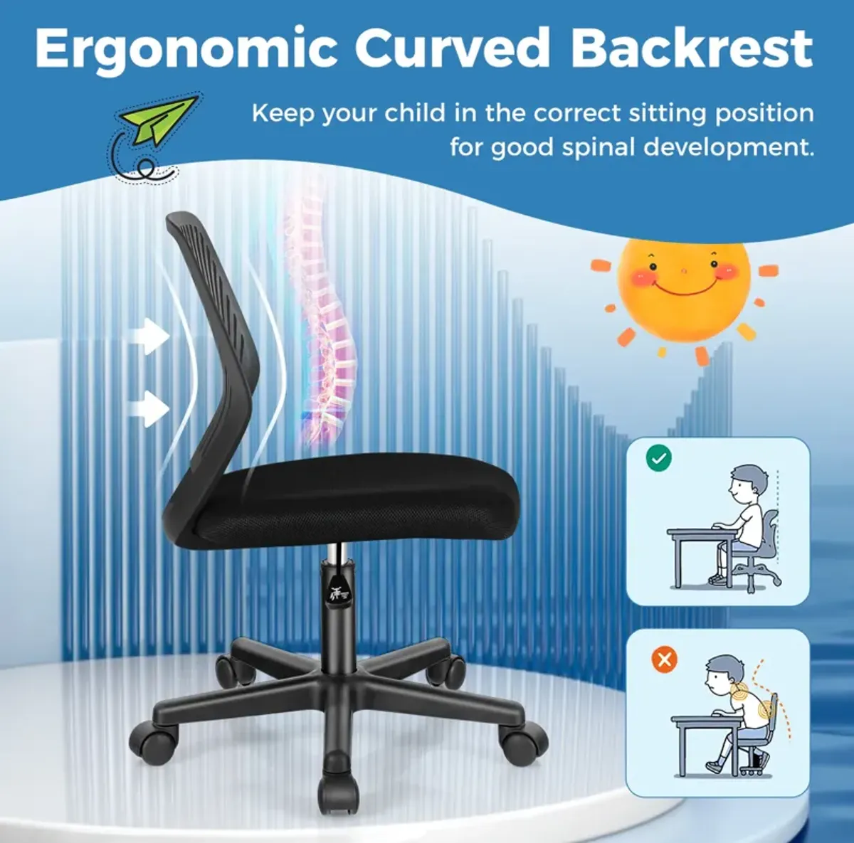 Height-adjustable Ergonomic Kids Desk Chair with Universal Casters