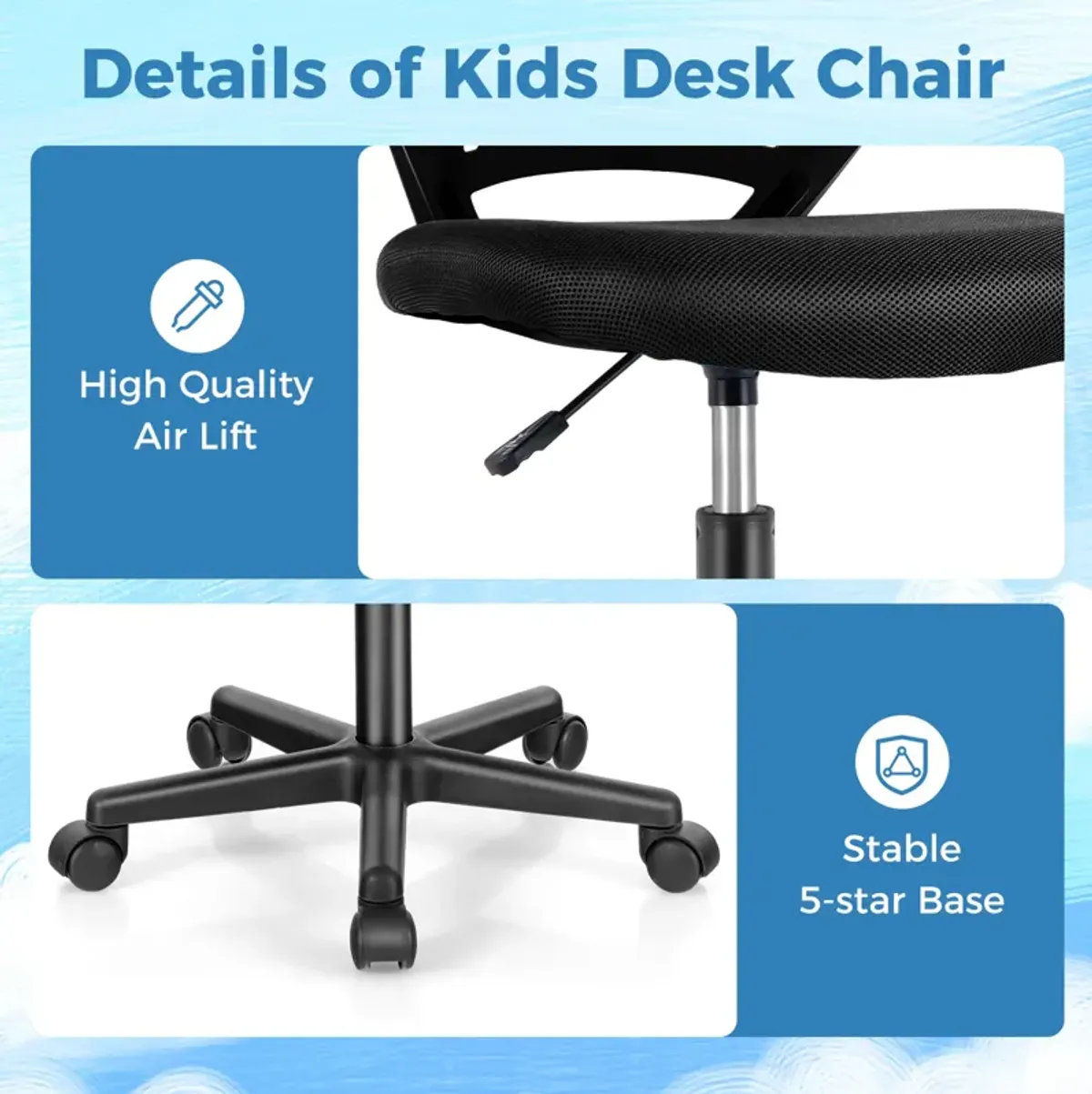 Height-adjustable Ergonomic Kids Desk Chair with Universal Casters