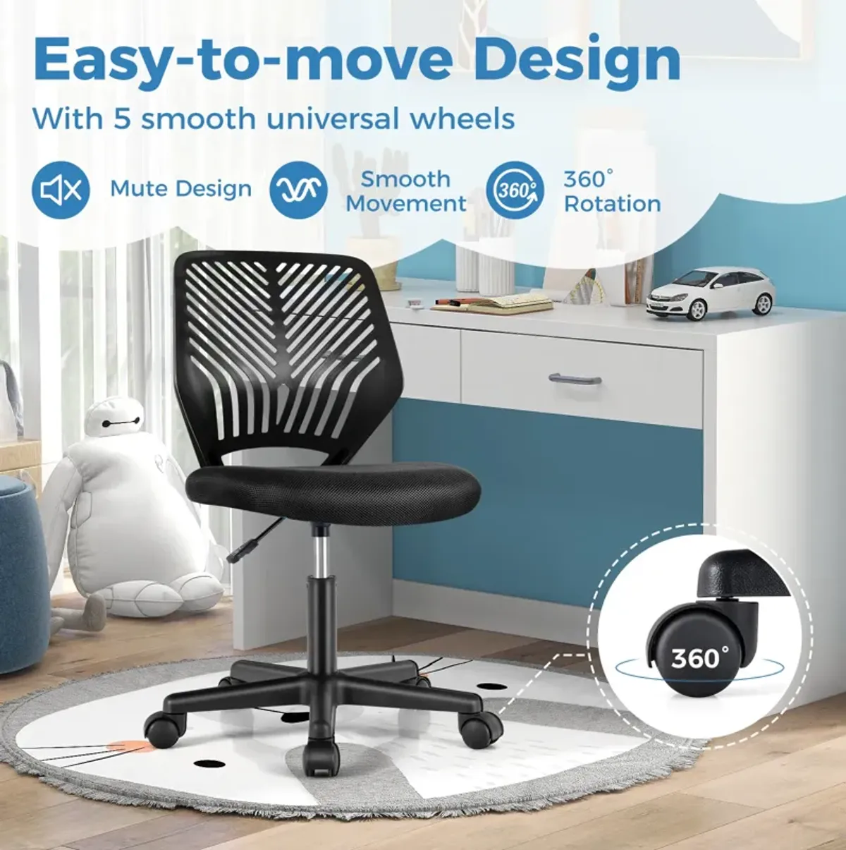 Height-adjustable Ergonomic Kids Desk Chair with Universal Casters