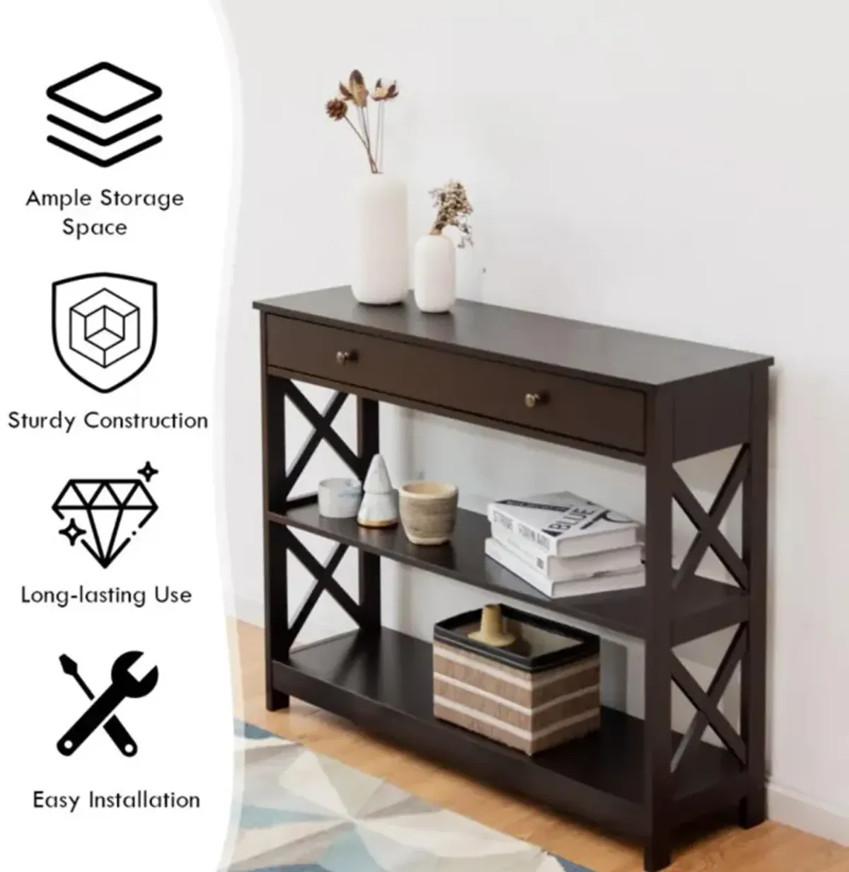 Hivvago Console Table 3-Tier with Drawer and Storage Shelves