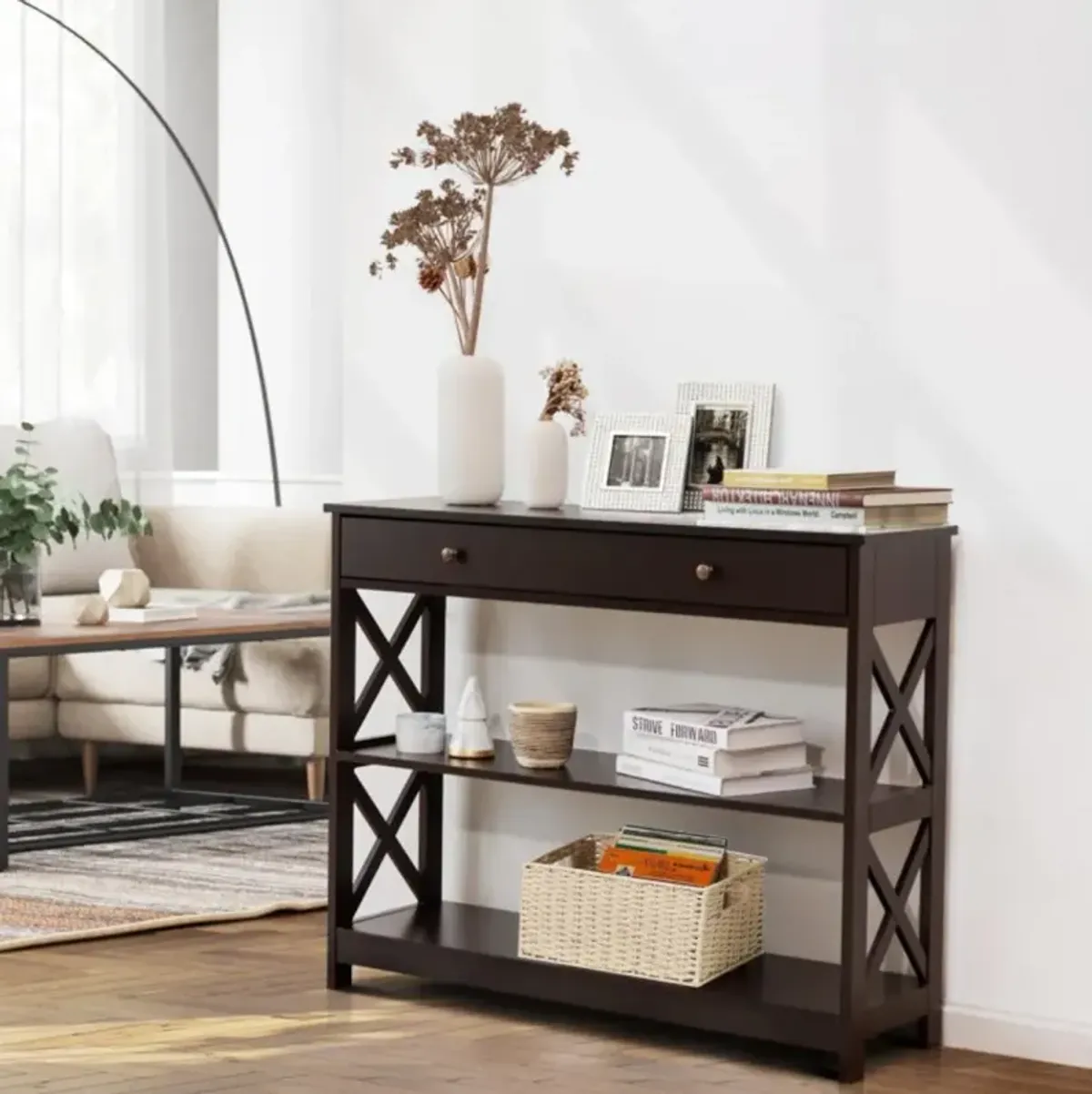 Hivvago Console Table 3-Tier with Drawer and Storage Shelves