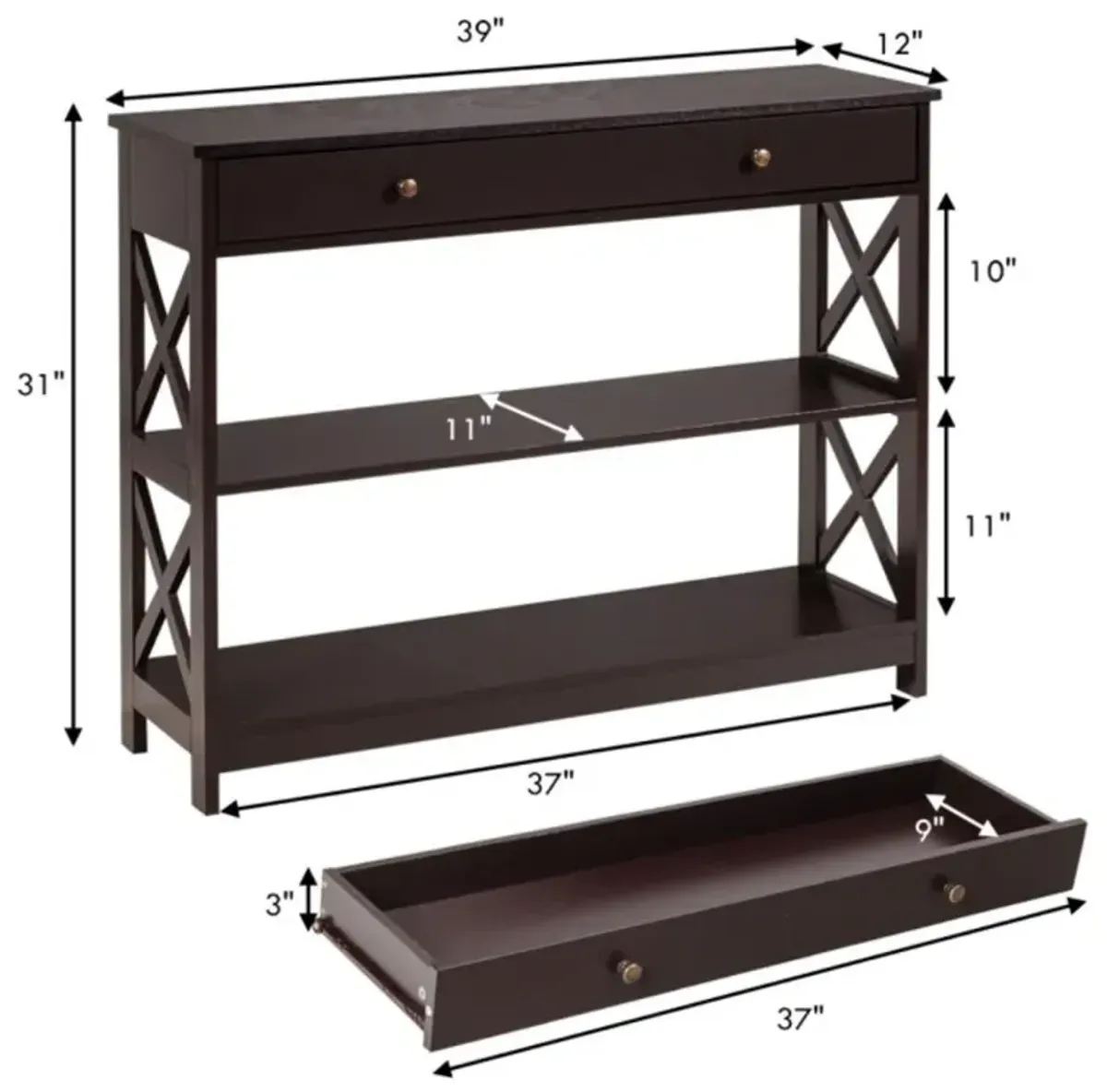 Hivvago Console Table 3-Tier with Drawer and Storage Shelves