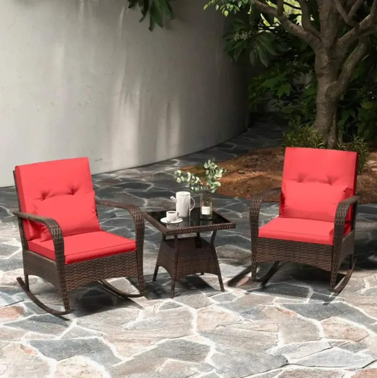 Hivvago 3 Pieces Outdoor Rocking Set with Tempered Glass Coffee Table for Backyard Poolside