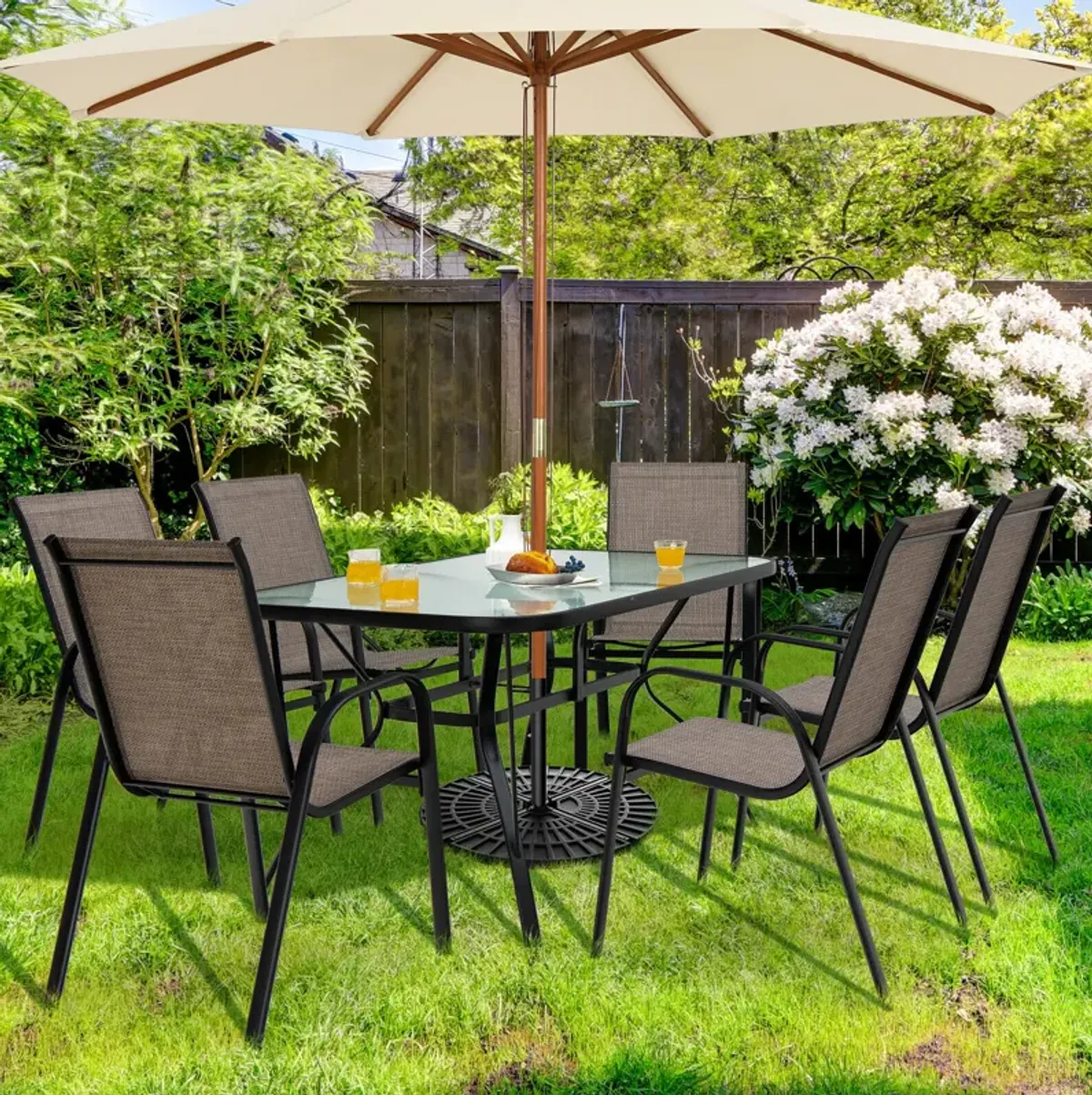 6 Pieces Patio Stackable Dining Chairs with Curved Armrests and Breathable Fabric